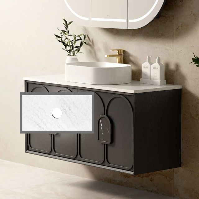 Otti Laguna Mk II Black Oak Wall Hung Vanity with Cloudy Carrara Top - 1200mm Single Basin LGM1200BSTUD-CA | The Blue Space