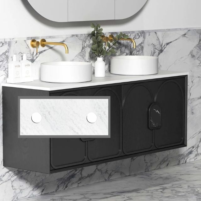 Otti Laguna Mk II Black Oak Wall Hung Vanity with Cloudy Carrara Top - 1500mm Double Basin LGM1500BSTUD-CA | The Blue Space