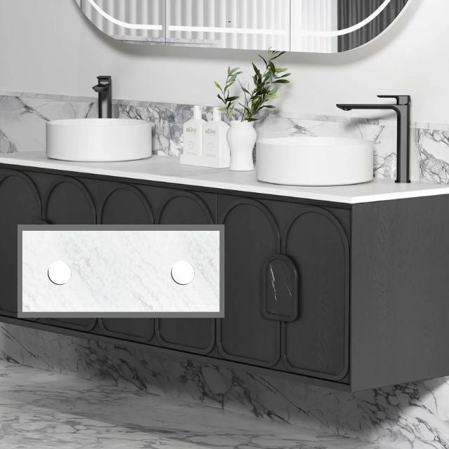 Otti Laguna Mk II Black Oak Wall Hung Vanity with Cloudy Carrara Top - 1800mm Double Basin LGM1800BSTUD-CA | The Blue Space