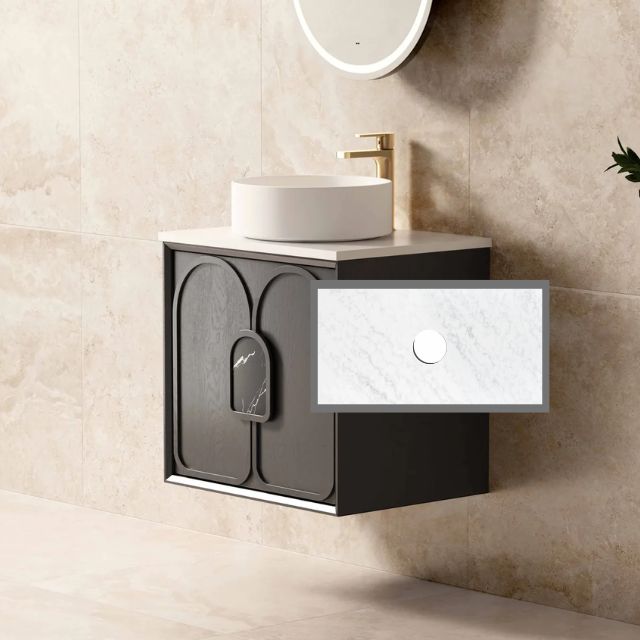 Otti Laguna Mk II Black Oak Wall Hung Vanity with Cloudy Carrara Top - 600mm Single Basin LGM600BSTUD-CA | The Blue Space