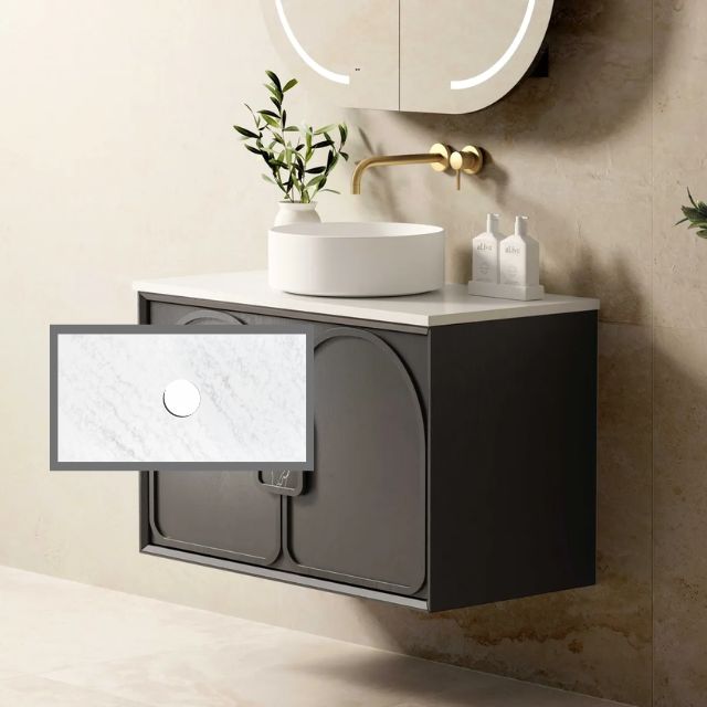 Otti Laguna Mk II Black Oak Wall Hung Vanity with Cloudy Carrara Top - 900mm Single Basin LGM900BSTUD-CA | The Blue Space