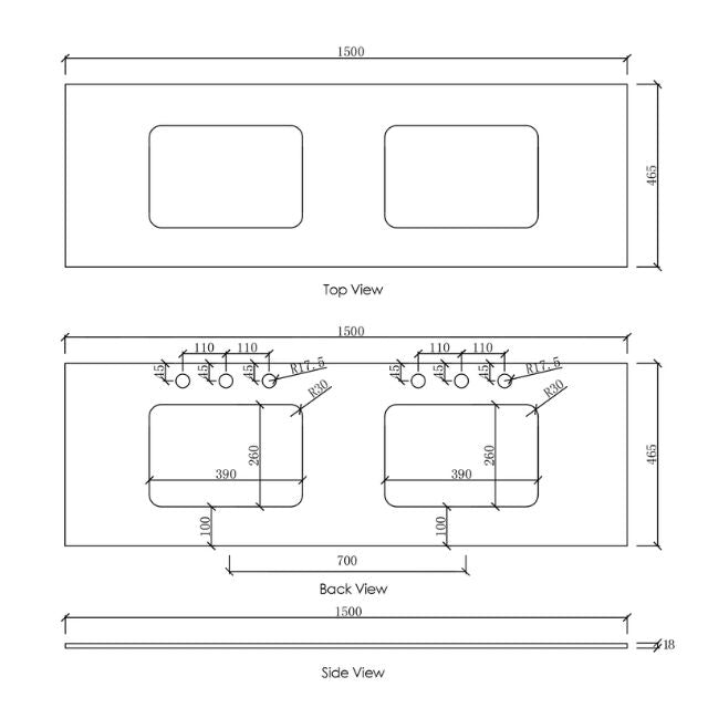 Otti Laguna Mk II Wall Hung Vanity in Black Oak with Undermount Basin 1500mm Double Bowl - Benchtop Technical Drawing LGM1500BSTUD-NCA-UB | The Blue Space