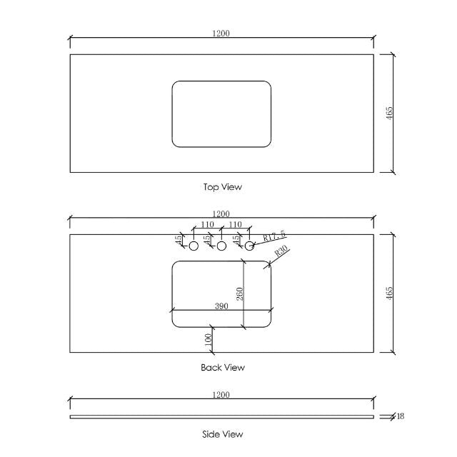Otti Laguna Mk II Wall Hung Vanity in Woodland Oak with Undermount Basin 1200mm Centre Bowl - Benchtop Technical Drawing LGM1200NSTUD-NCA-UB | The Blue Space