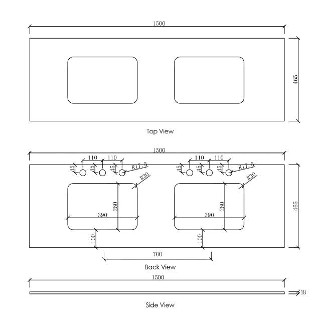 Otti Laguna Mk II Wall Hung Vanity in Woodland Oak with Undermount Basin 1500mm Double Bowl - Benchtop Technical Drawing LGM1500NSTUD-NCA-UB | The Blue Space