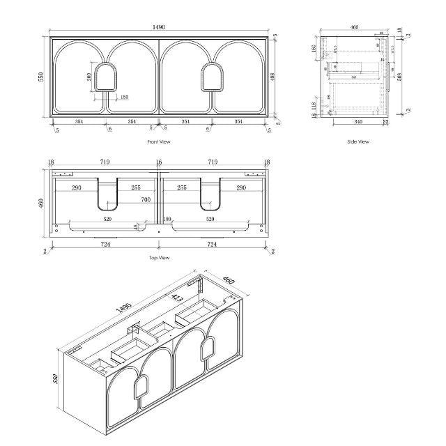 Otti Laguna Mk II Wall Hung Vanity in Woodland Oak with Undermount Basin 1500mm Double Bowl - Cabinet Technical Drawing LGM1500NSTUD-NCA-UB | The Blue Space