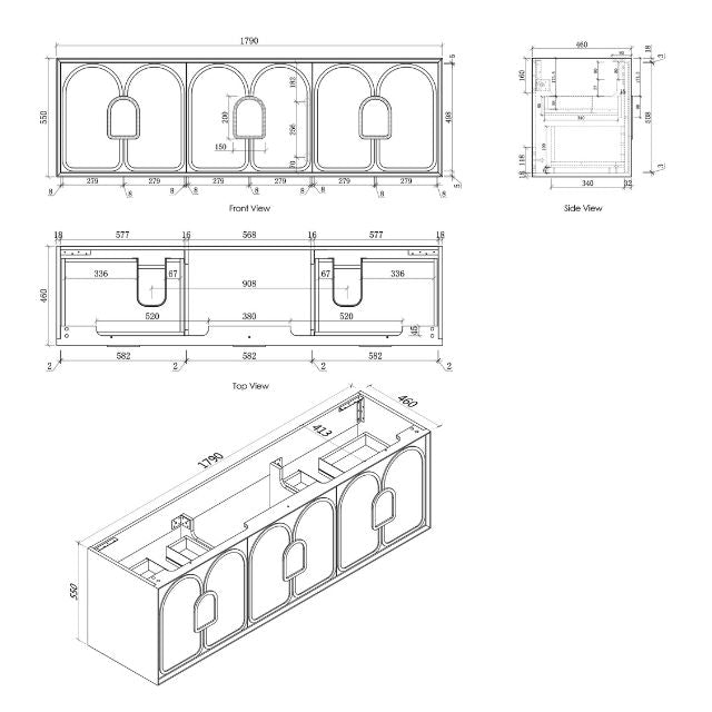 Otti Laguna Mk II Wall Hung Vanity in Woodland Oak with Undermount Basin 1800mm Double Bowl - Cabinet Technical Drawing LGM1800NSTUD-NCA-UB | The Blue Space