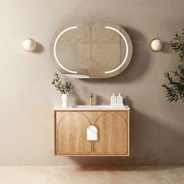 Otti Laguna Mk II Wall Hung Vanity in Woodland Oak with Undermount Basin 900mm Centre Bowl LGM900NSTUD-NCA-UB | The Blue Space