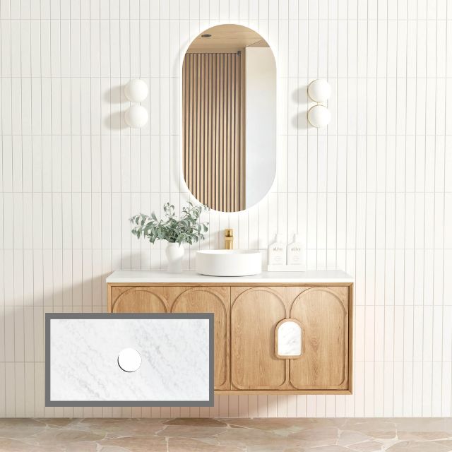 Otti Laguna Mk II Woodland Oak Wall Hung Vanity with Cloudy Carrara Top - 1200mm Single Basin LGM1200NSTUD-CA | The Blue Space