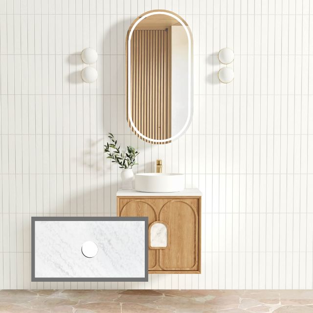 Otti Laguna Mk II Woodland Oak Wall Hung Vanity with Cloudy Carrara Top - 600mm Single Basin LGM600NSTUD-CA | The Blue Space