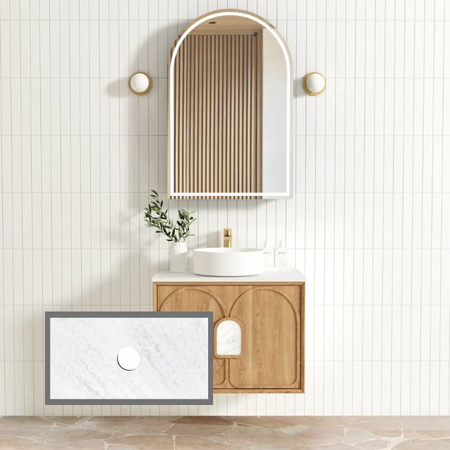 Otti Laguna Mk II Woodland Oak Wall Hung Vanity with Cloudy Carrara Top - 750mm Single Basin LGM750NSTUD-CA | The Blue Space