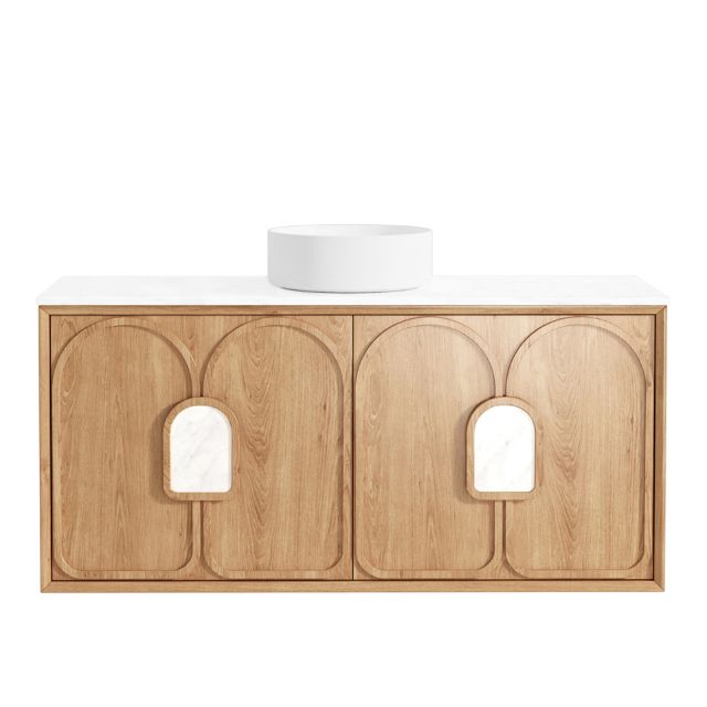 Otti Laguna Mk II Woodland Oak Wall Hung Vanity with Matte White Top - 1200mm Single Basin LGM1200NSTUD-MW | The Blue Space