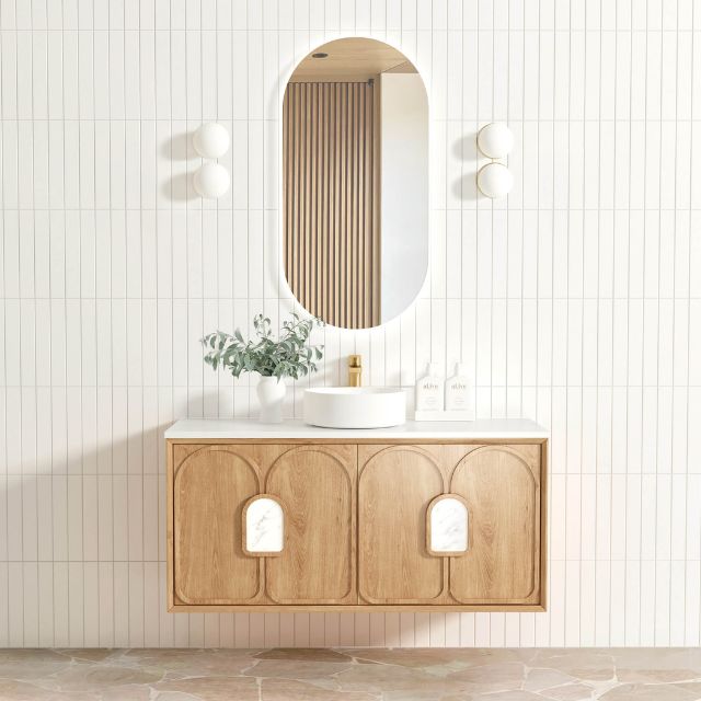 Otti Laguna Mk II Woodland Oak Wall Hung Vanity with Pure White Top - 1200mm Single Basin LGM1200NSTUD-PW | The Blue Space