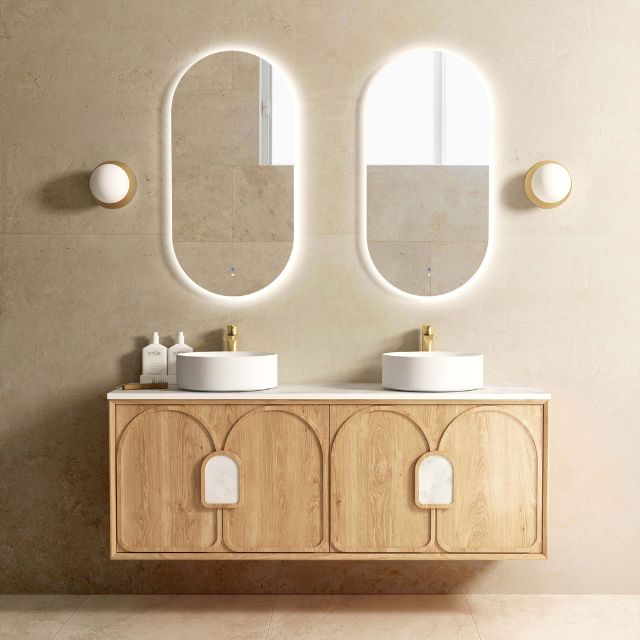 Otti Laguna Mk II Woodland Oak Wall Hung Vanity with Pure White Top - 1500mm Double Basin LGM1500NSTUD-PW | The Blue Space