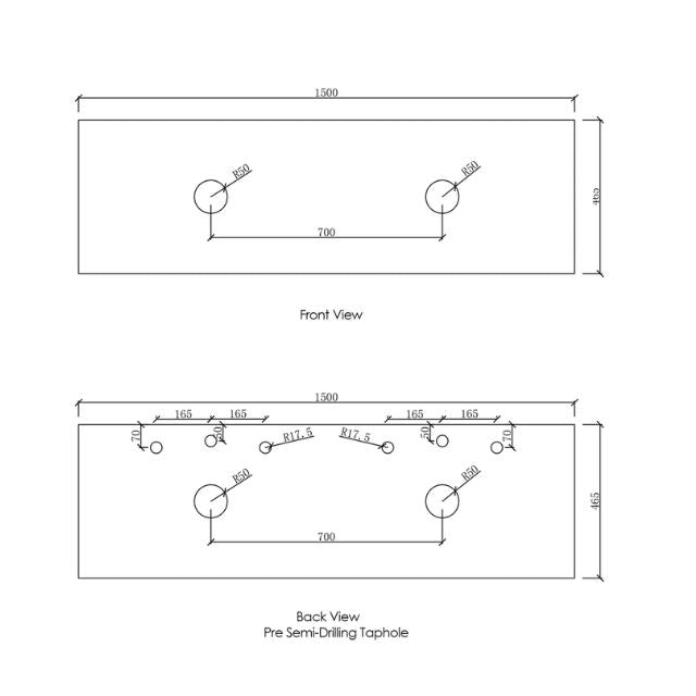 Otti Laguna Mk II Woodland Oak Wall Hung Vanity with Pure White Top - 1500mm Double Basin - Stone Top Technical Drawing LGM1500NSTUD-PW | The Blue Space