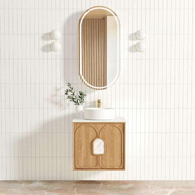 Otti Laguna Mk II Woodland Oak Wall Hung Vanity with Pure White Top - 600mm Single Basin LGM600NSTUD-PW | The Blue Space
