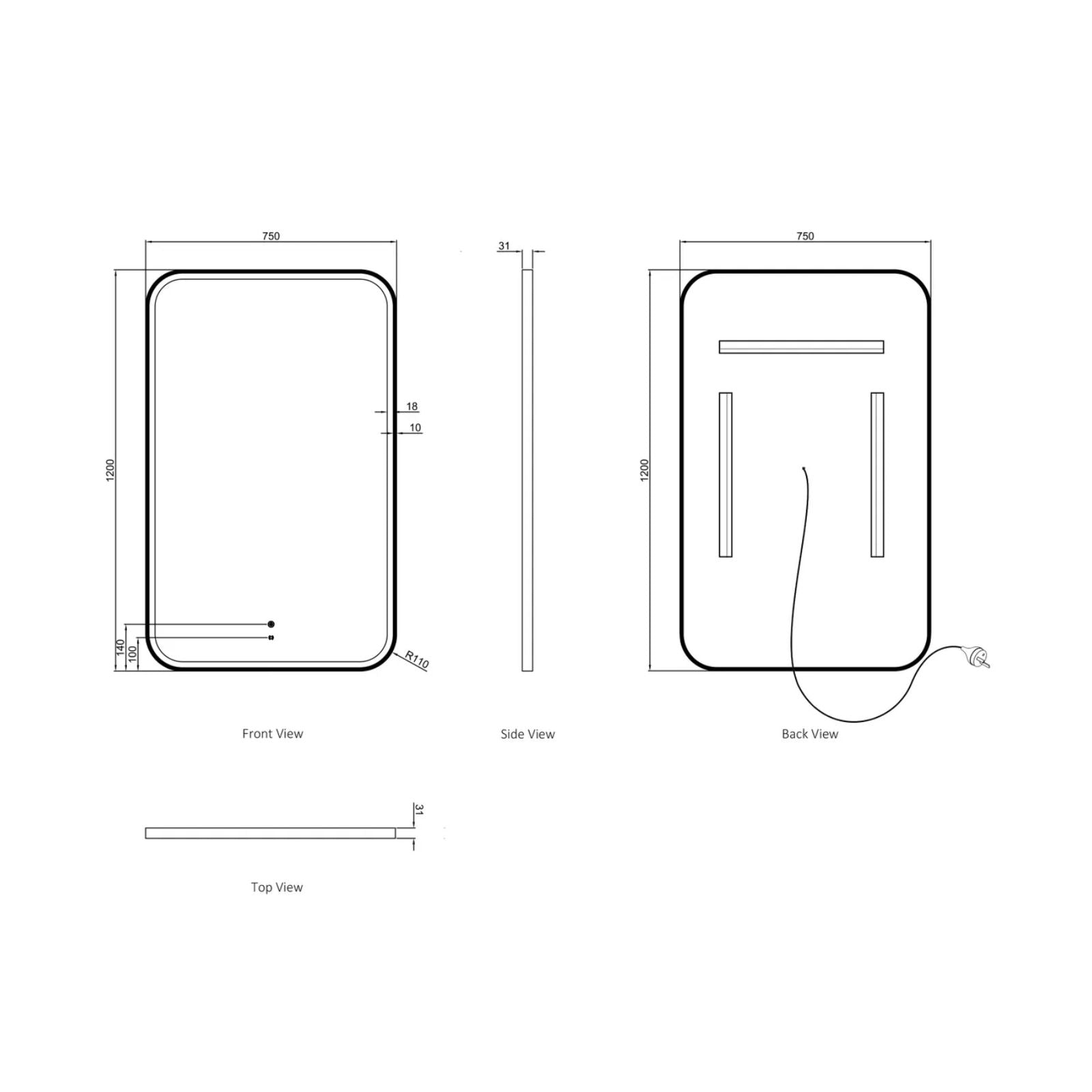 Technical Drawing Otti LED Newport 1200mm x 750mm Metal Frame Mirror - Black LED-SQM1275B - The Blue Space