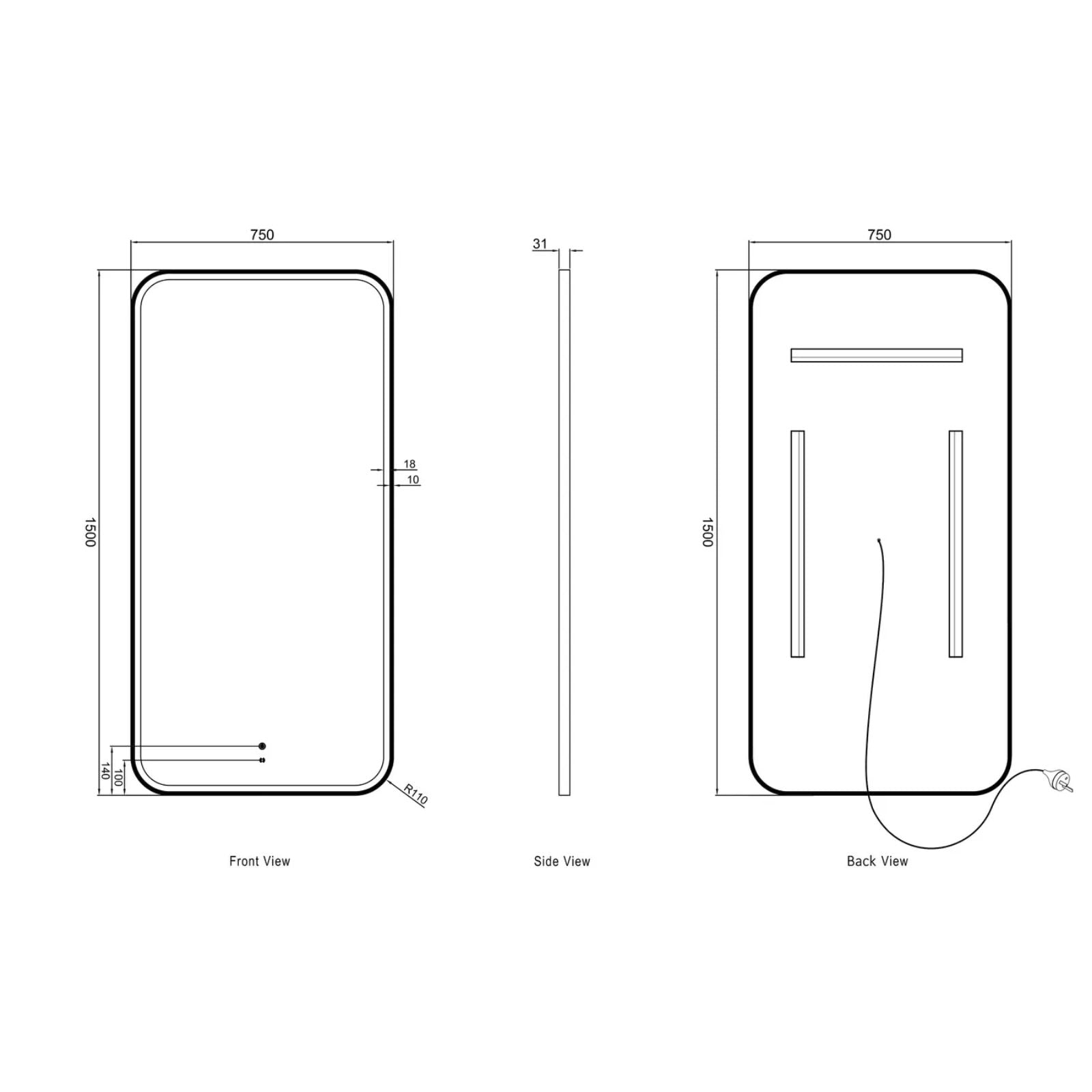 Technical Drawing Otti LED Newport 1500mm x 750mm Metal Frame Mirror - Black LED-SQM1575B - The Blue Space