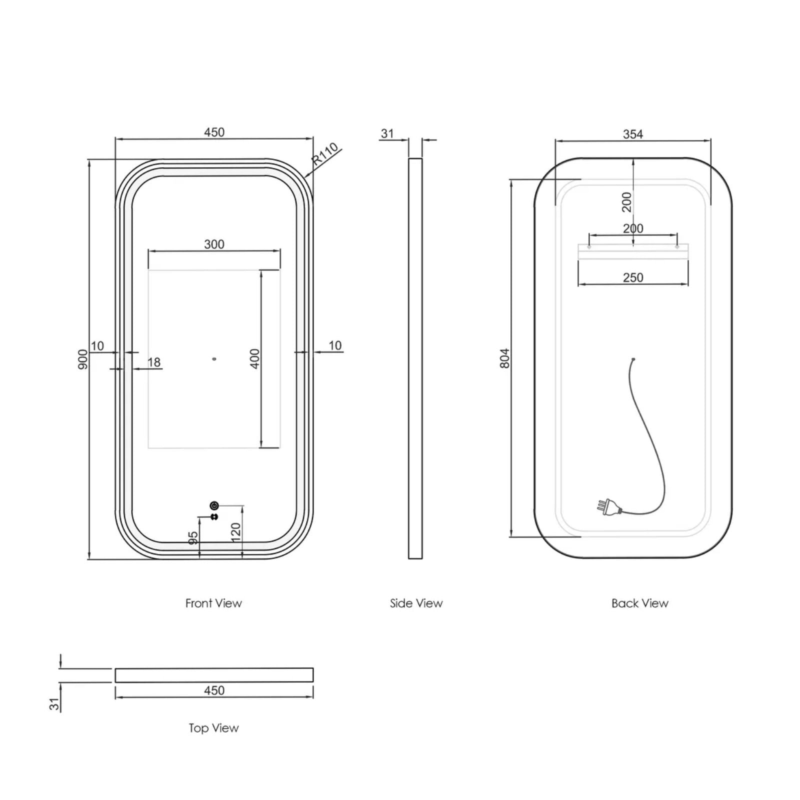 Technical Drawing Otti LED Newport 900mm x 450mm Metal Frame Soft Square Mirror - Black LED-SQM9045B - The Blue Space