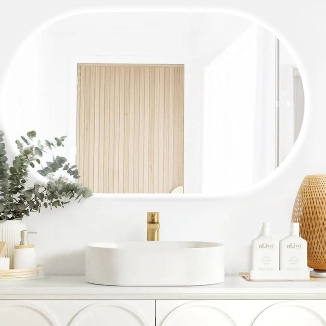 Otti LED Noosa 1200mm x 750mm Frameless Tuffi Mirror Lifestyle Horizontal View LED-OV1275 | The Blue Space