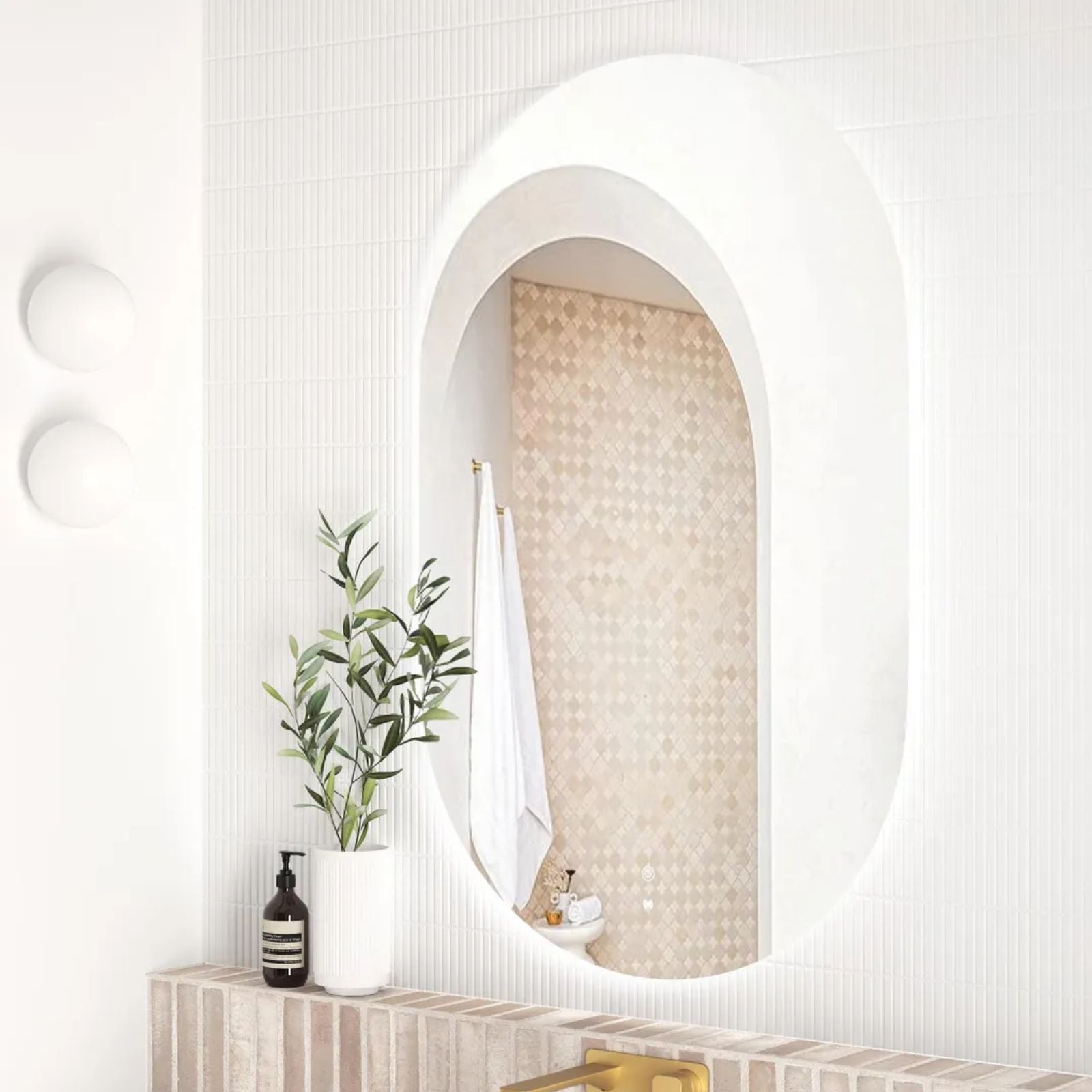 Otti LED Noosa 1200mm x 750mm Frameless Tuffi Mirror Lifestyle Vertical View LED-OV1275 | The Blue Space