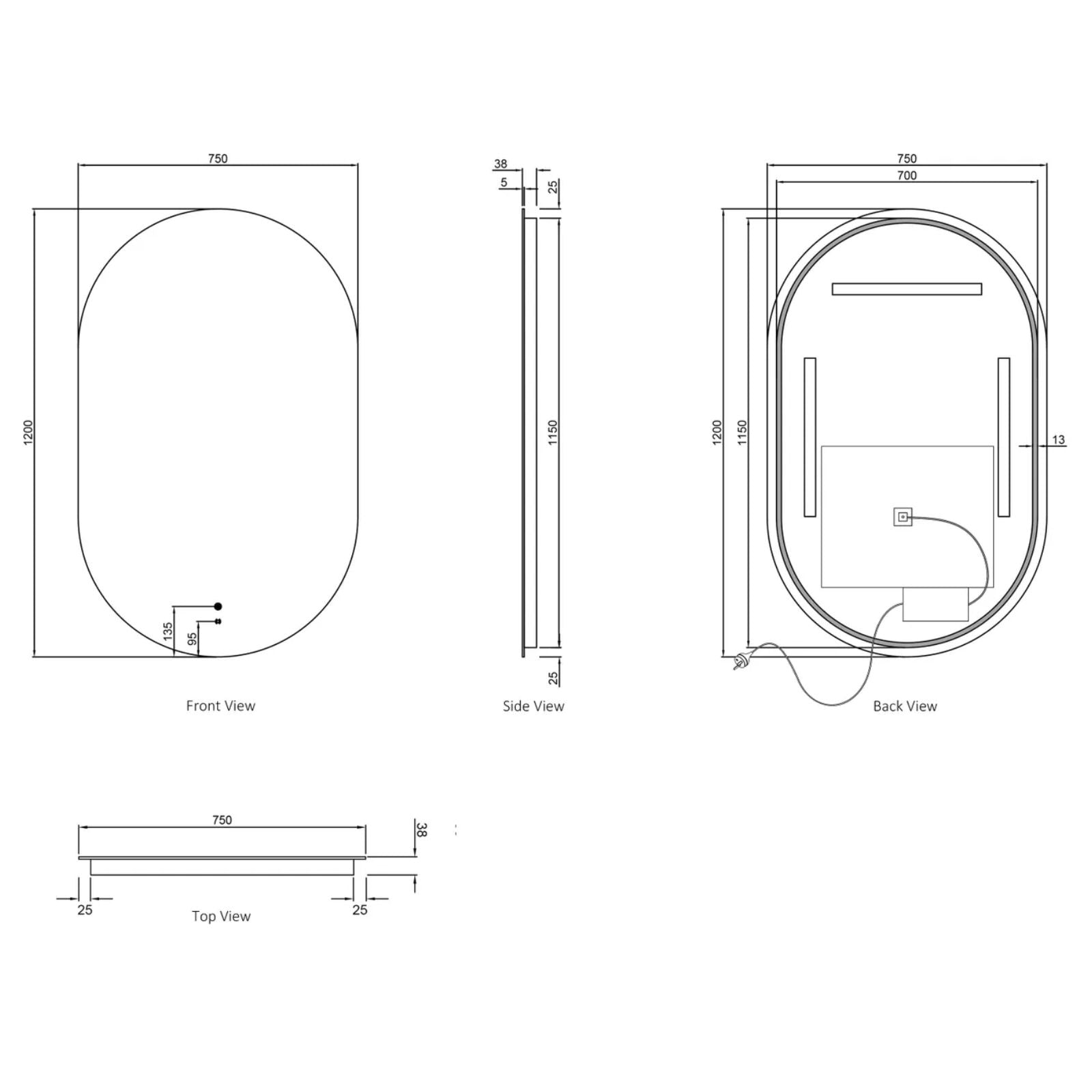 Otti LED Noosa 1200mm x 750mm Frameless Tuffi Mirror Technical Drawing LED-OV1275 | The Blue Space
