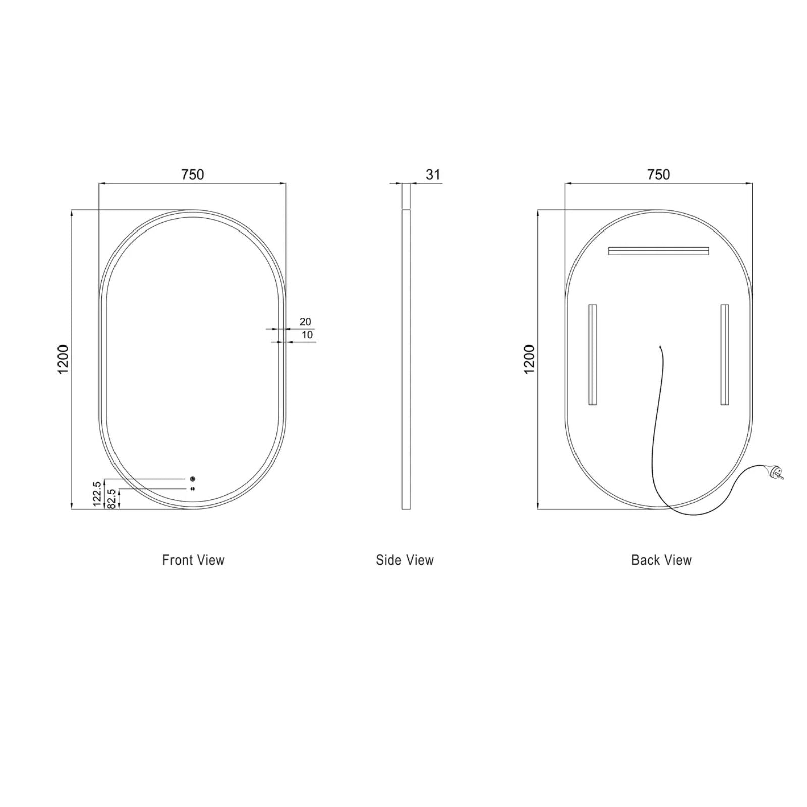 Technical Drawing Otti LED Noosa 1200mm x 750mm Metal Frame Mirror - Black LED-OVM1275B - The Blue Space
