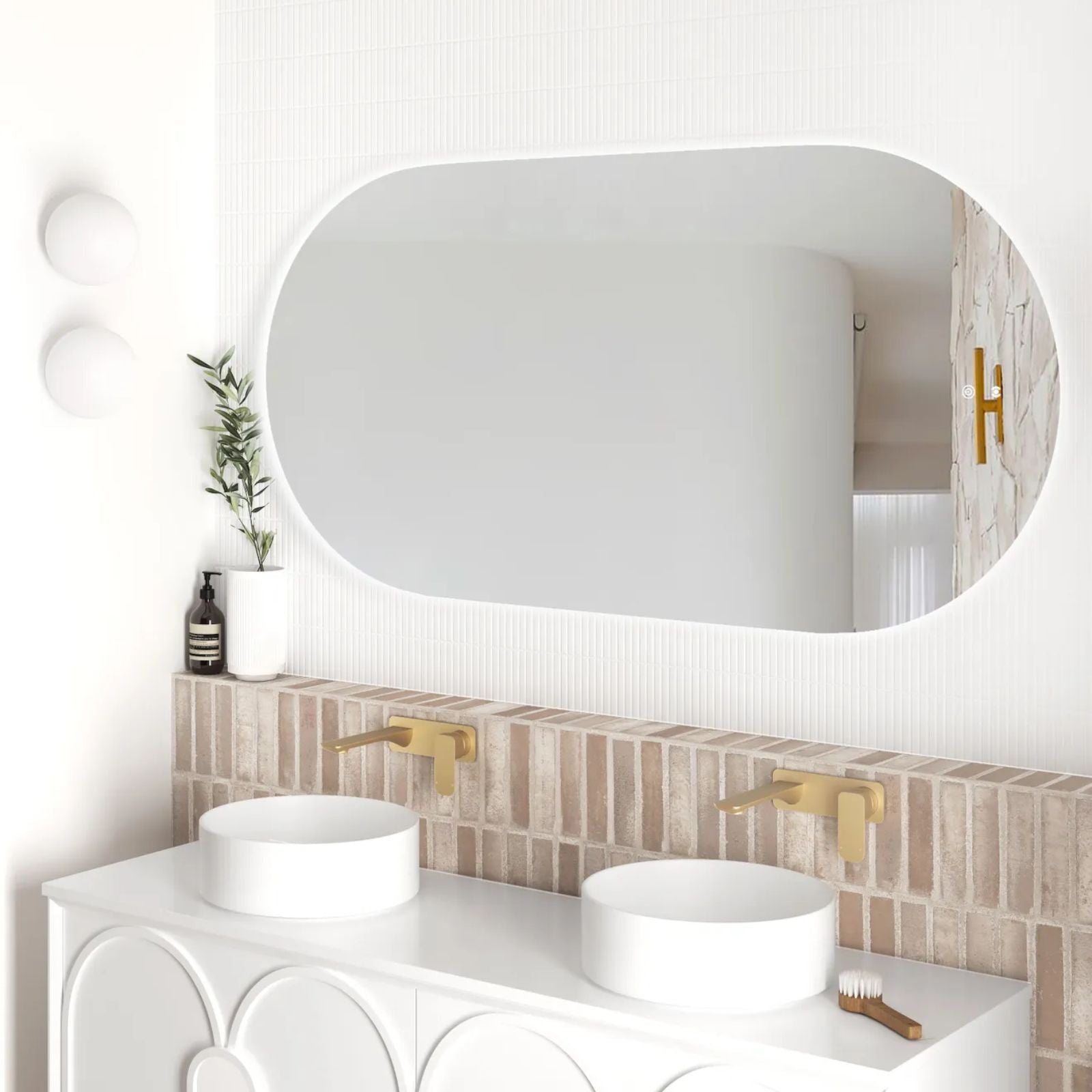 Otti LED Noosa 1500mm x 750mm Frameless Tuffi Mirror Lifestyle Horizontal Side View LED-OV1575 | The Blue Space