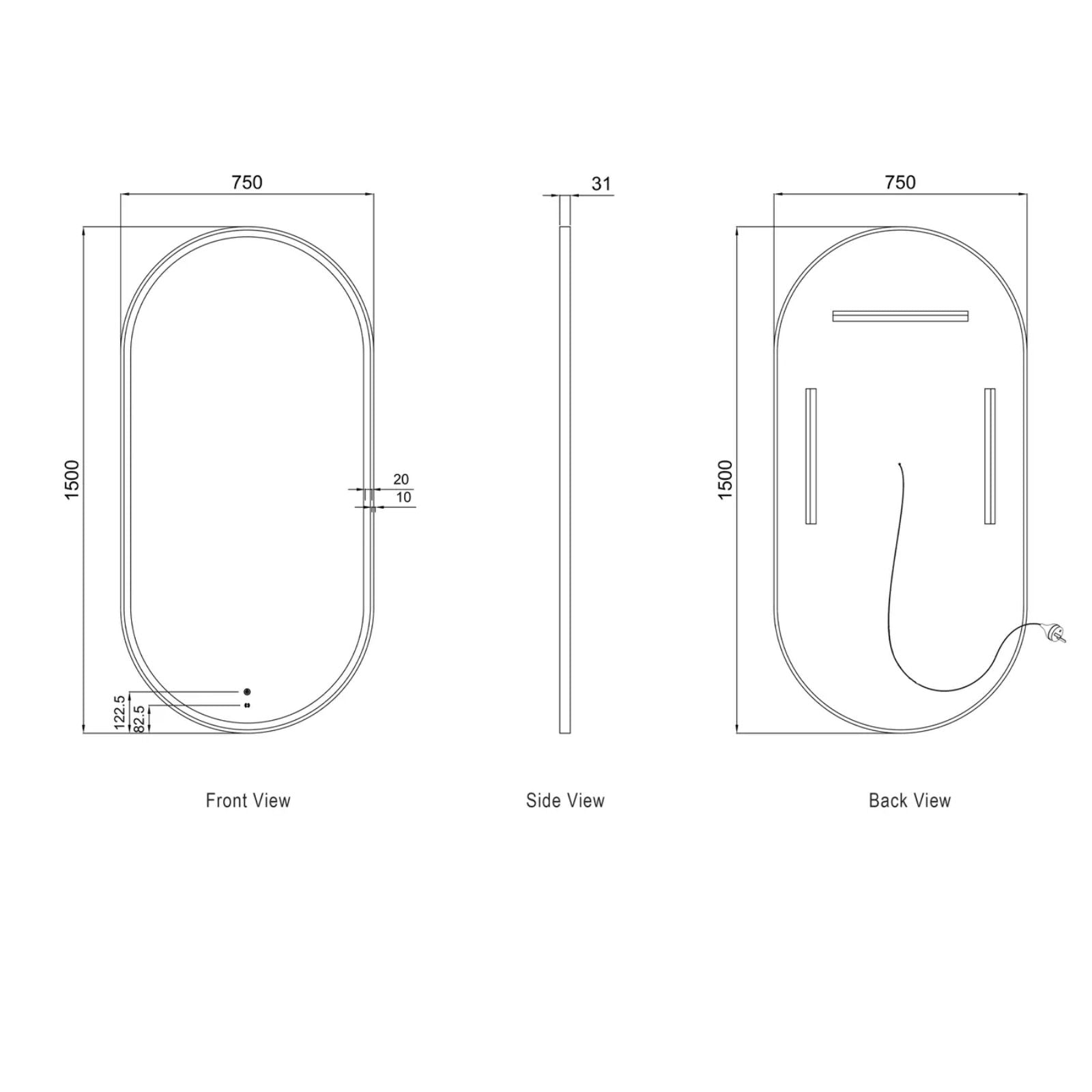 Technical Drawing Otti LED Noosa 1500mm x 750mm Metal Frame Mirror - White LED-OVM1575W - The Blue Space