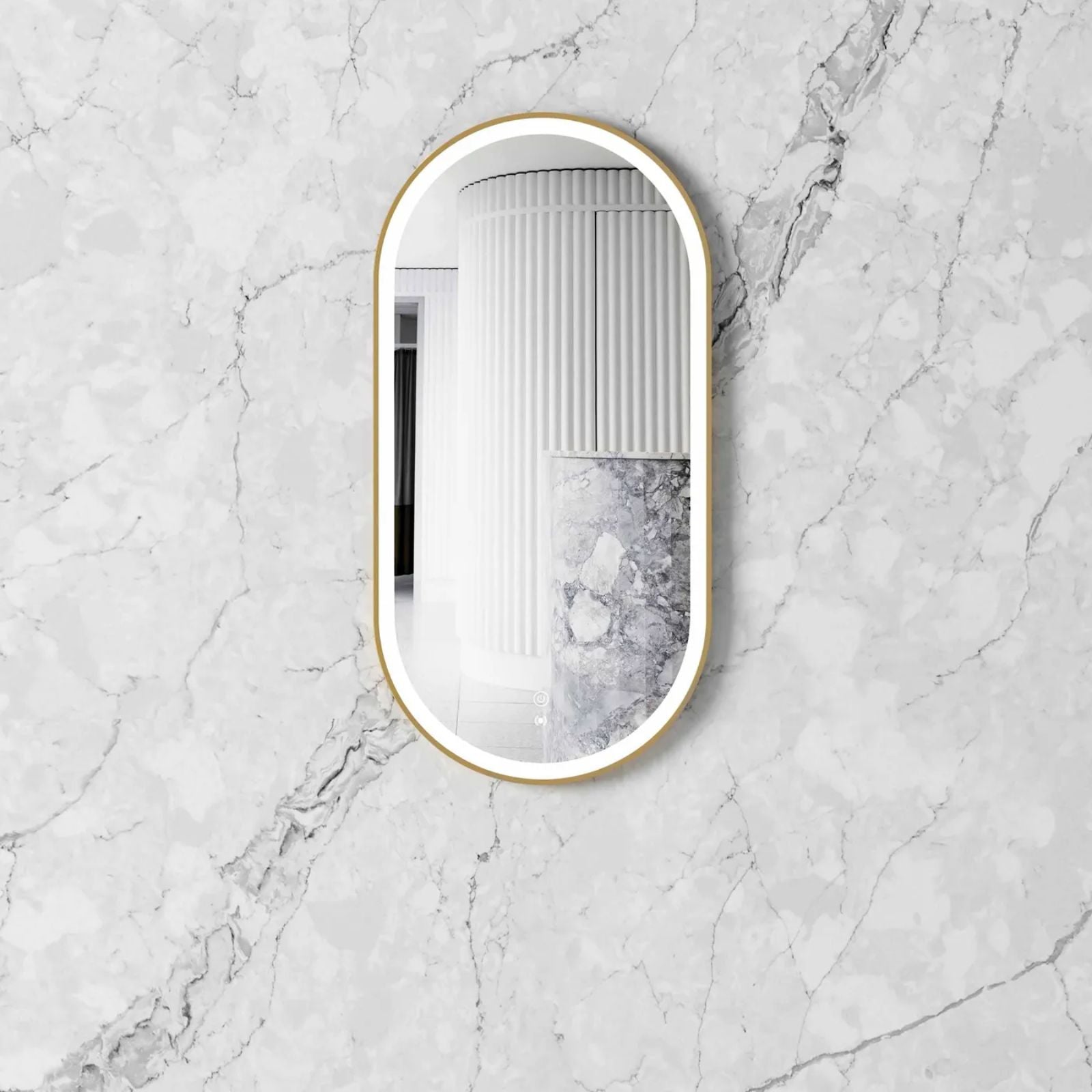 Otti LED Noosa 900mm x 450mm Metal Frame Mirror Brushed Gold Lifestyle on Bathroom LED-MF9045G-N | The Blue Space