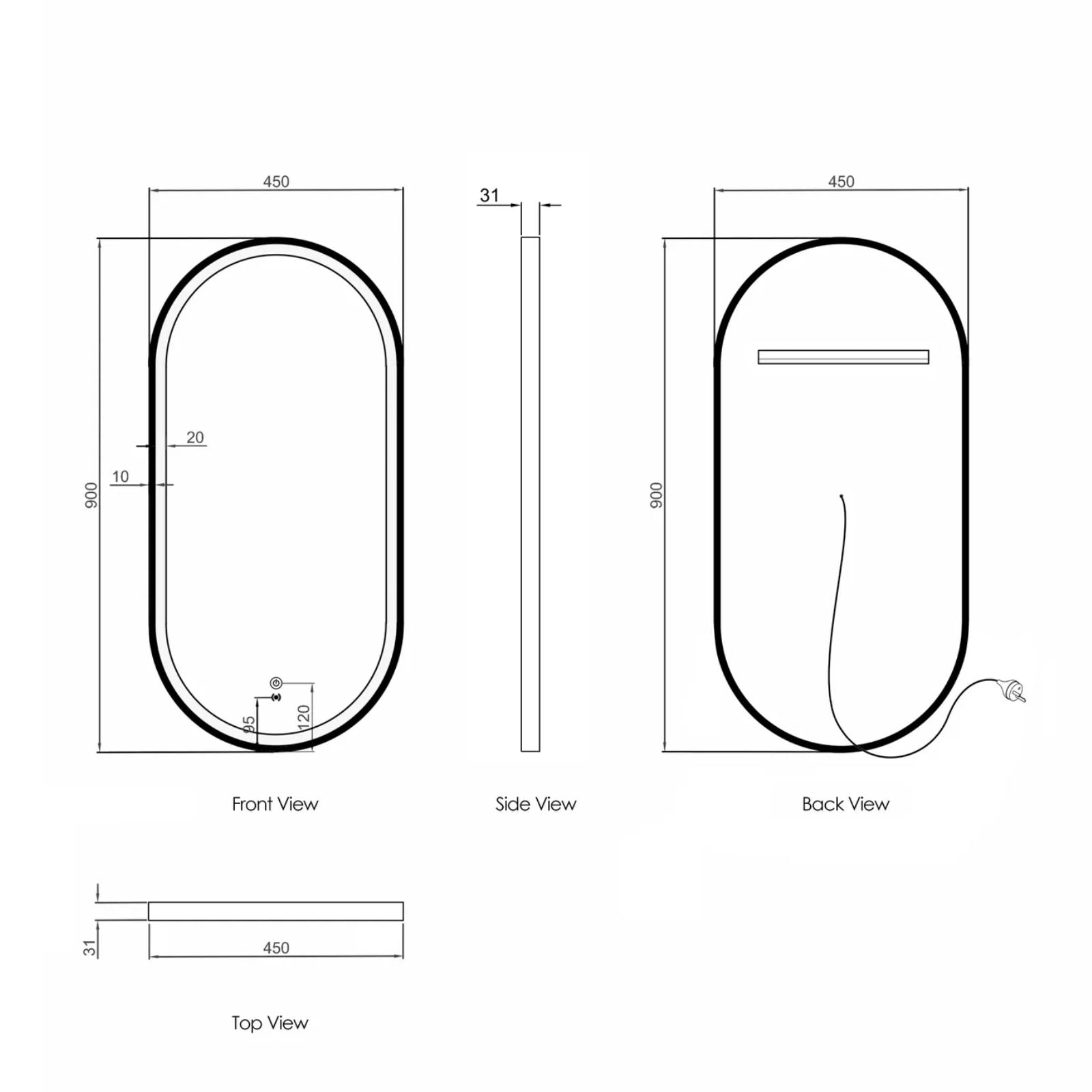 Otti LED Noosa 900mm x 450mm Metal Frame Mirror Brushed Gold Technical Drawing LED-MF9045G-N | The Blue Space