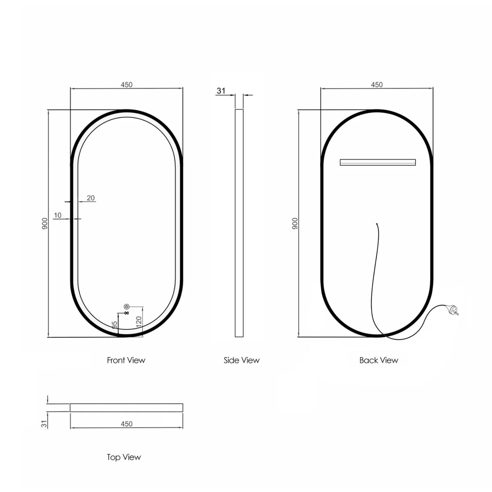 Otti LED Noosa 900mm x 450mm Metal Frame Mirror White Technical Drawing LED-MF9045W-N | The Blue Space
