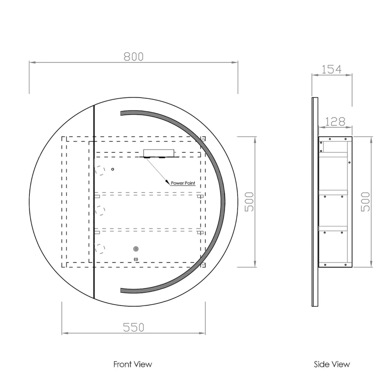 Technical Drawing Otti London 800mm LED Shaving Cabinet Premium Edition - White LED-RSV800-VP - The Blue Space