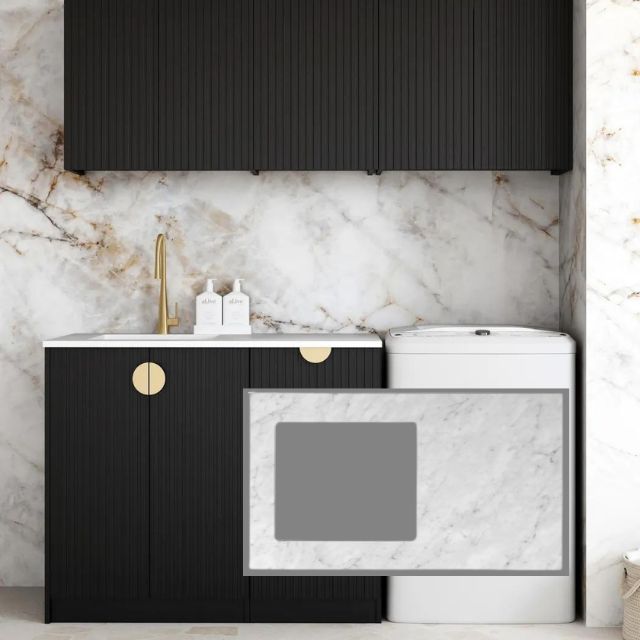Otti Marlo 1715mm Fluted Laundry Set B - Black with Natural Carrara Marble Stone Top LA-1715B-MA-NCA-KIT | The Blue Space