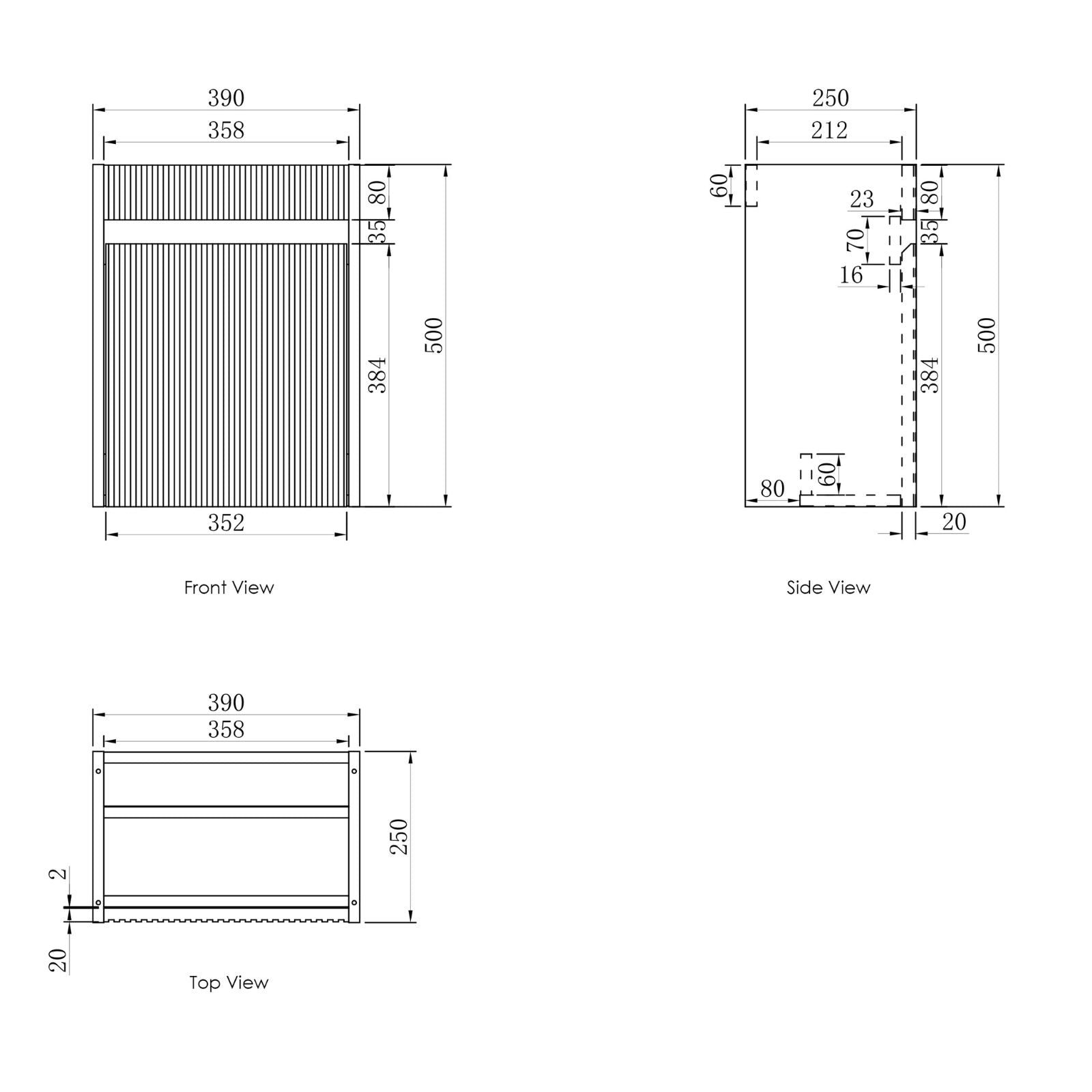 Technical Drawing Otti Mini Ensuite Fluted Vanity - 400mm Woodland Oak SPW400L - The Blue Space