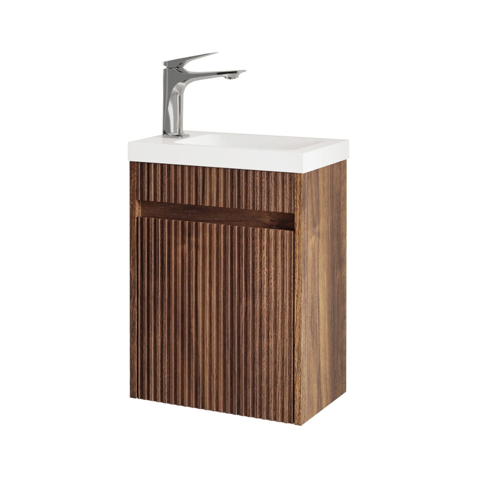 Angle Otti Mini Ensuite Wall Hung Vanity 400mm Sable Walnut Fluted Vanity with Basin SP400SW - The Blue Space