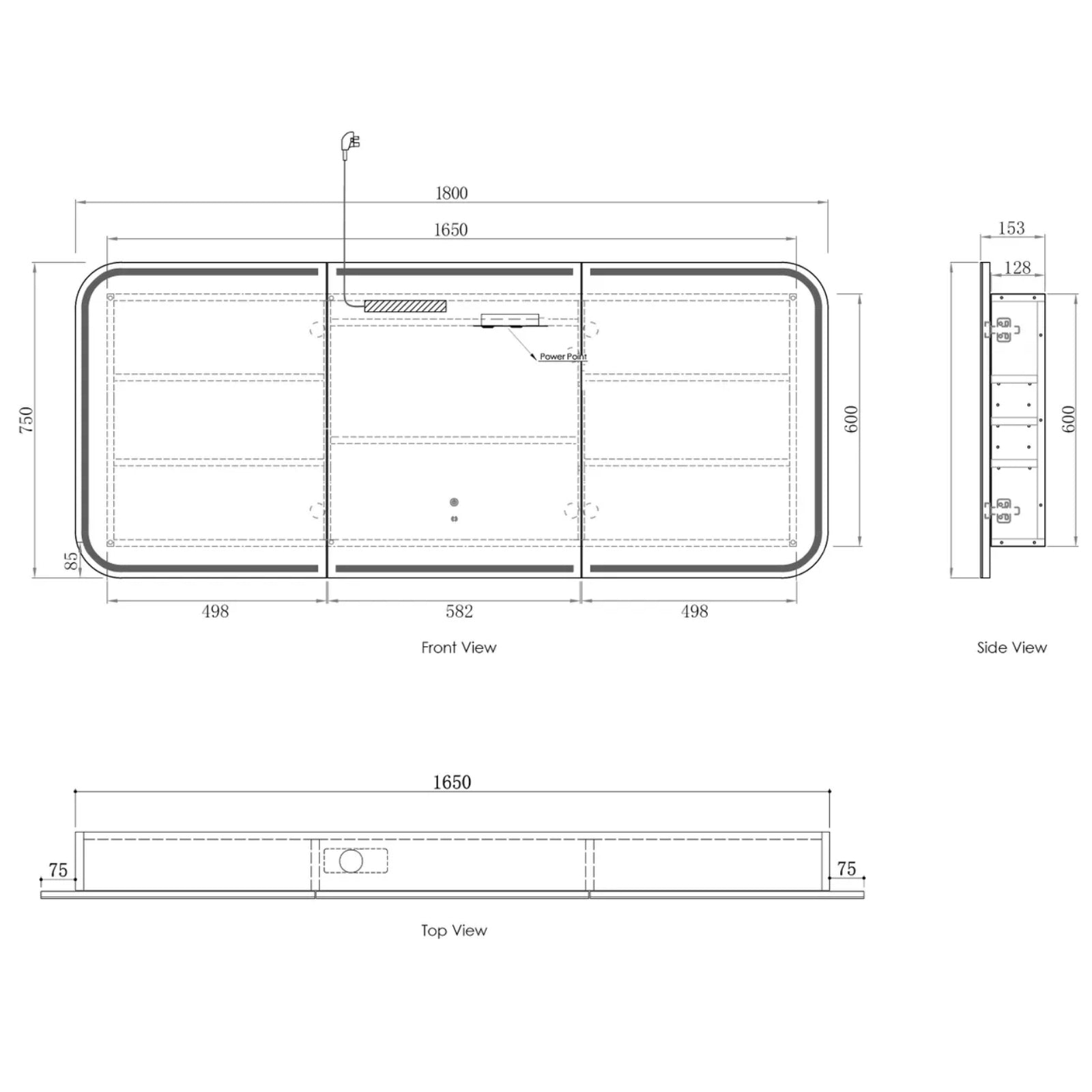 Technical Drawing Otti Newport 1800x750mm LED Shaving Cabinet Premium Edition - White LED-SSQ1875-VP - The Blue Space