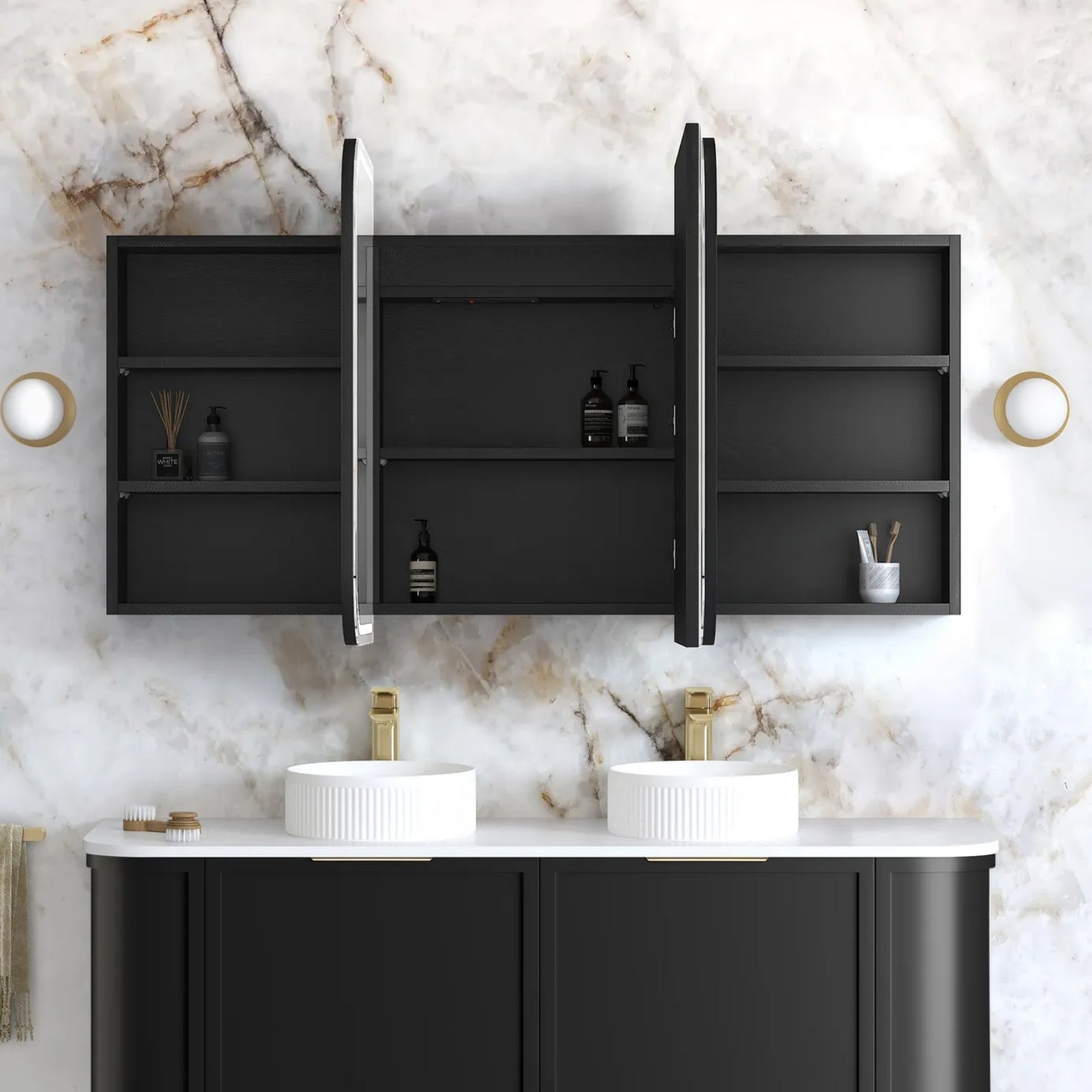 Open Otti Newport LED Shaving Cabinet Premium Edition - Black LED-SSQ1575B-VP - The Blue Space