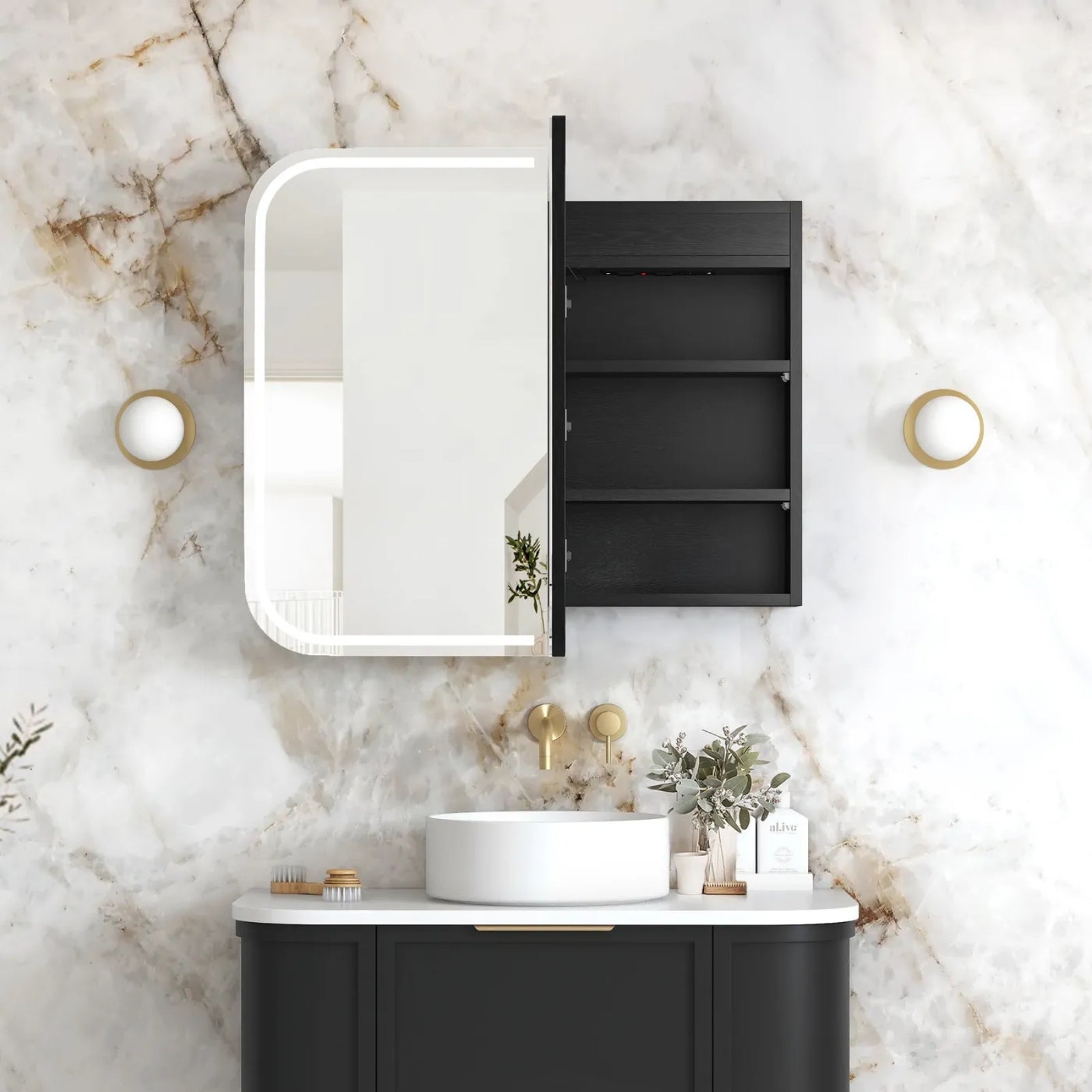 Front Open Otti Newport LED Shaving Cabinet Premium Edition - Black LED-SSQ9075B-VP - The Blue Space