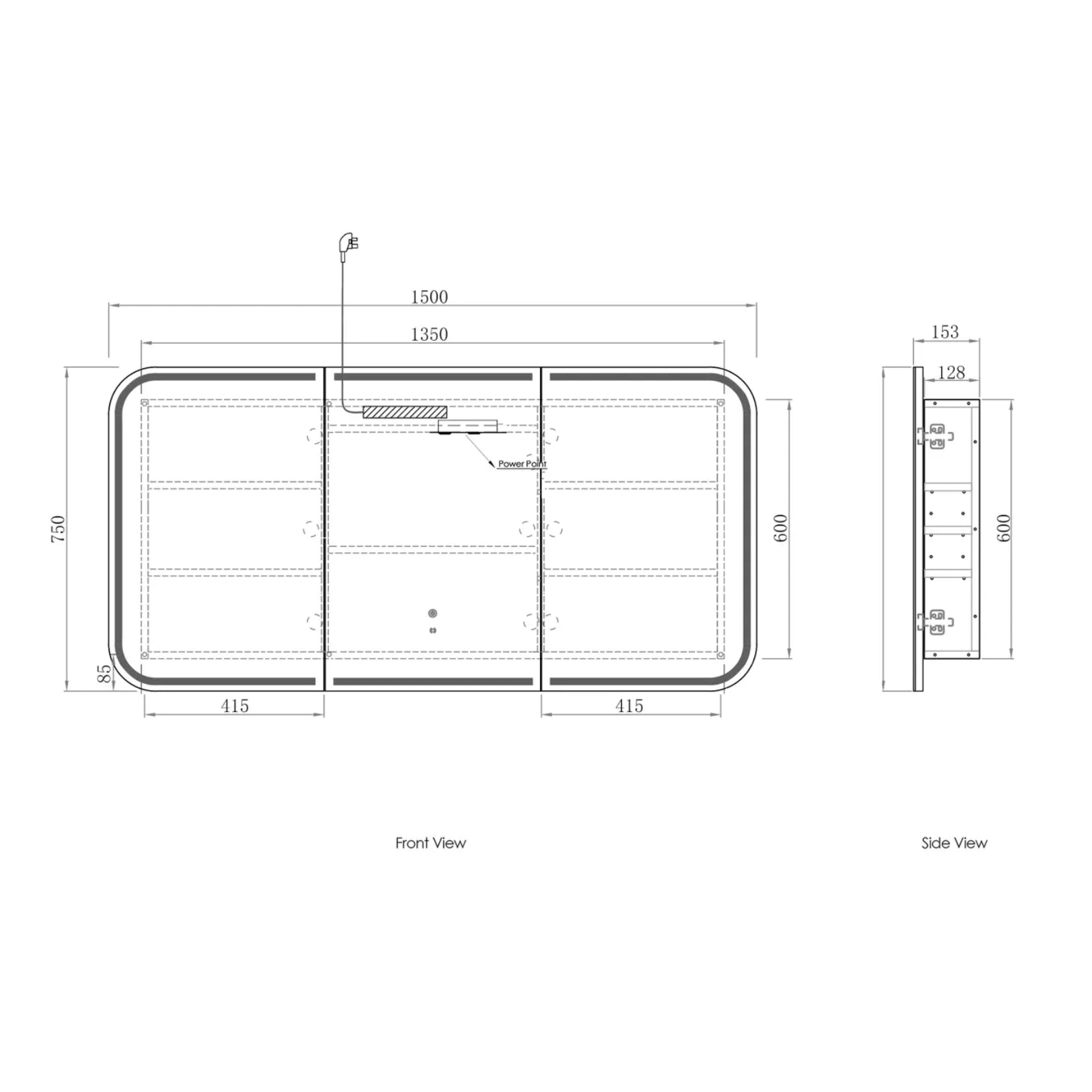 Otti Newport LED Shaving Cabinet Premium Edition - Natural Oak 1500mm x 750mm Technical Drawing LED-SSQ1575N-VP | The Blue Space