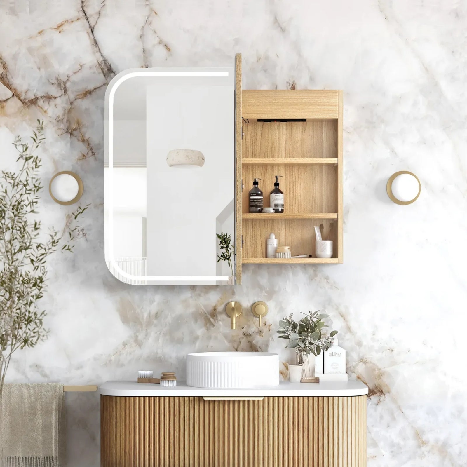 Otti Newport LED Shaving Cabinet Premium Edition - Woodland Oak LED-SSQ9075WL-VP - The Blue Space