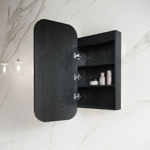Otti Newport Soft Square LED Shaving Cabinet Black Oak Side View with Cabinet Open LED-SSQ9045B-VP | The Blue Space