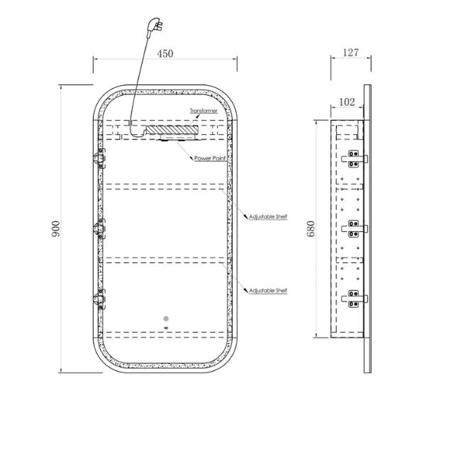 Otti Newport Soft Square LED Shaving Cabinet Black Oak Technical Drawing LED-SSQ9045B-VP | The Blue Space