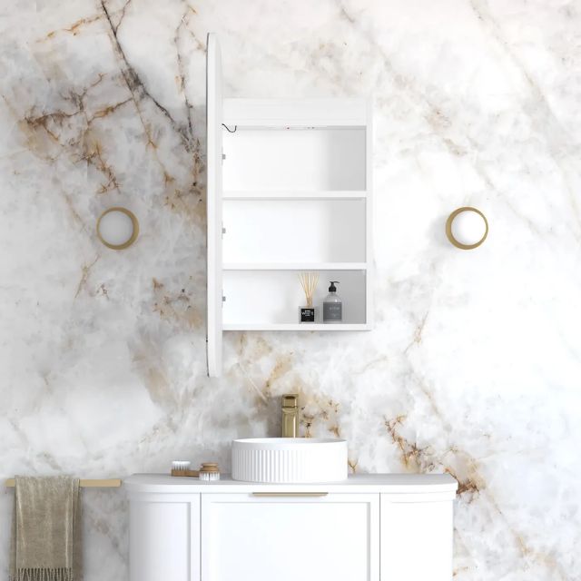 Otti Newport Soft Square LED Shaving Cabinet White Front View with Open Cabinet LED-SSQ9045-VP | The Blue Space