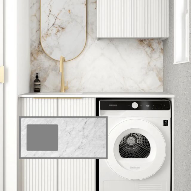 Otti Noosa 1305mm Laundry Set A - White with Natural Carrara Marble Top LA-1305A-NSW-NCA-KIT | The Blue Space