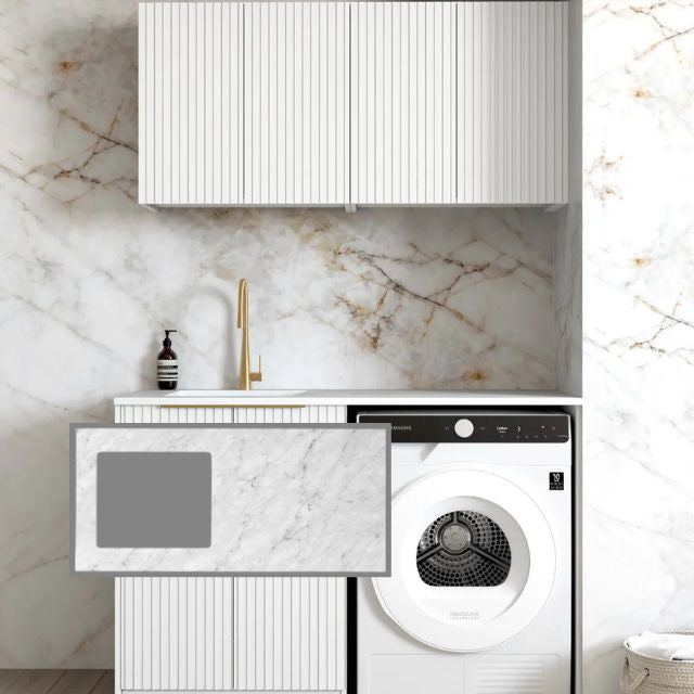 Otti Noosa 1305mm Laundry Set B - White with Natural Carrara Marble Top LA-1305B-NSW-NCA-KIT | The Blue Space