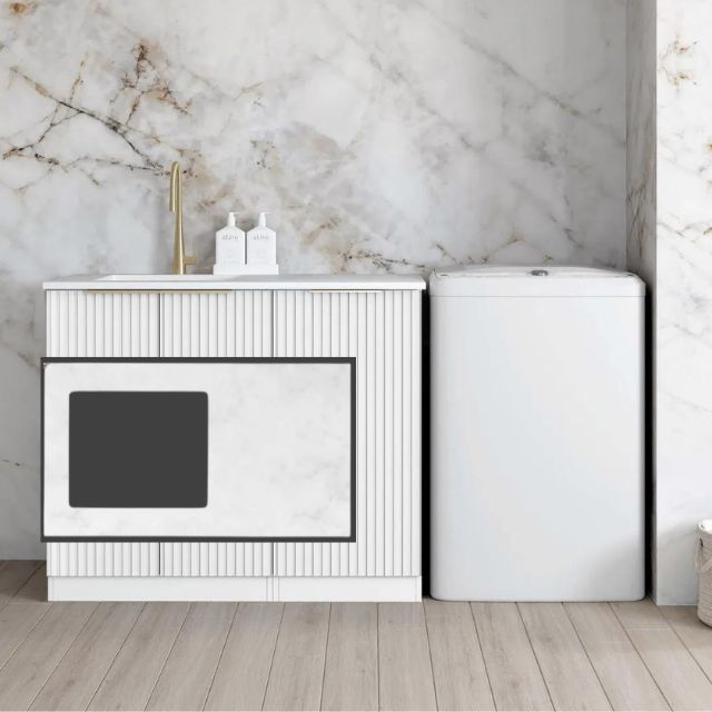 Otti Noosa Fluted White 1060mm Laundry Cabinet Set Cloudy Carrara Solid Surface LA-1060-NSW-CA-KIT | The Blue Space