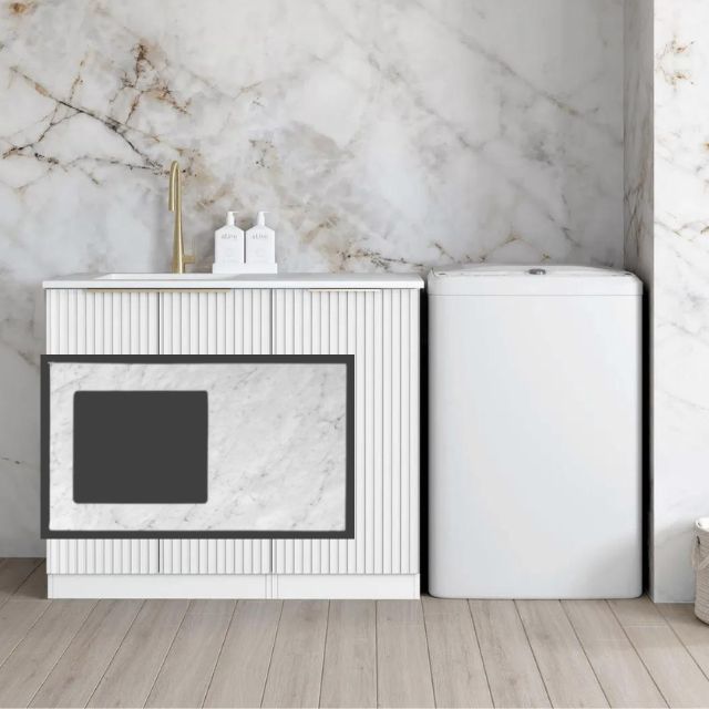 Otti Noosa Fluted White 1060mm Laundry Cabinet Set Natural Carrara Marble LA-1060-NSW-NCA-KIT | The Blue Space