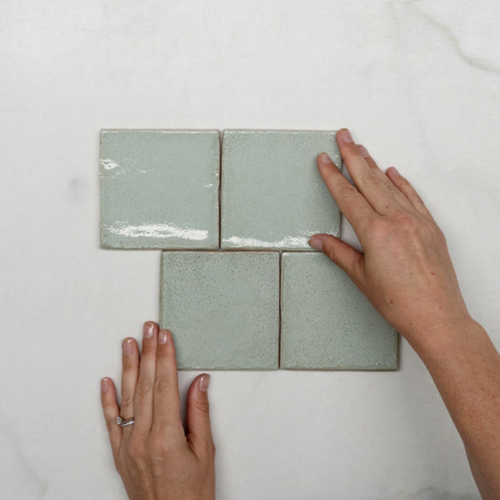 Pattern With Hand Pale Green Dianna Zellige Tile 100 x 100 x 9mm Spanish Ceramic  - The Blue Space