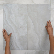 Double WIth Hand Pearl Ivy Vein Cut Travertine Look Tile Tech Grip 300 x 600 x 10mm Porcelain  - The Blue Space