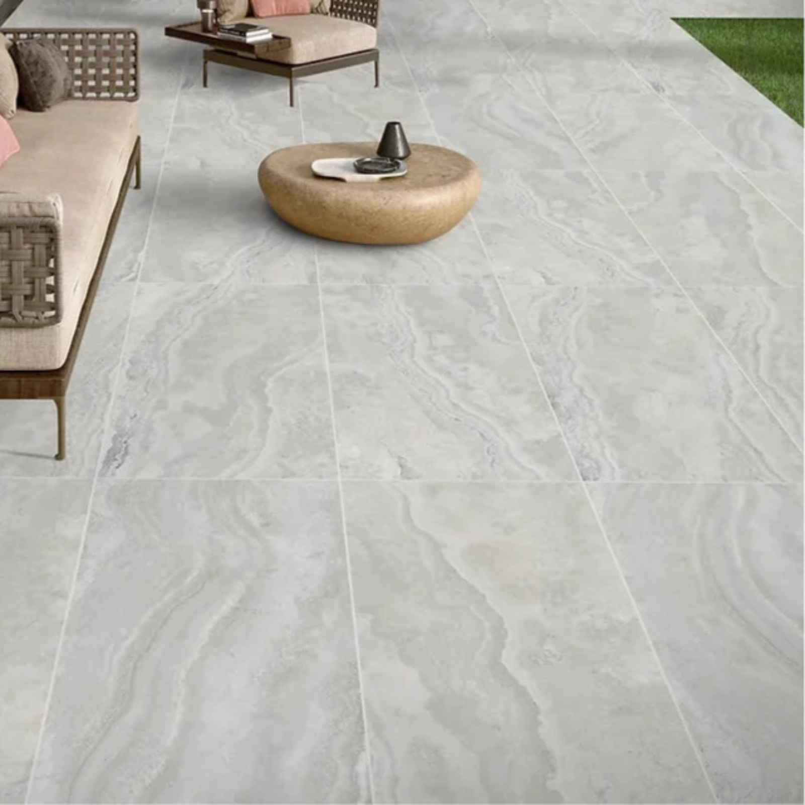 Lifestyle 01 Pearl Ivy Vein Cut Travertine Look Tile Tech Grip 600 x 600 x 10mm Porcelain  | The Blue Space